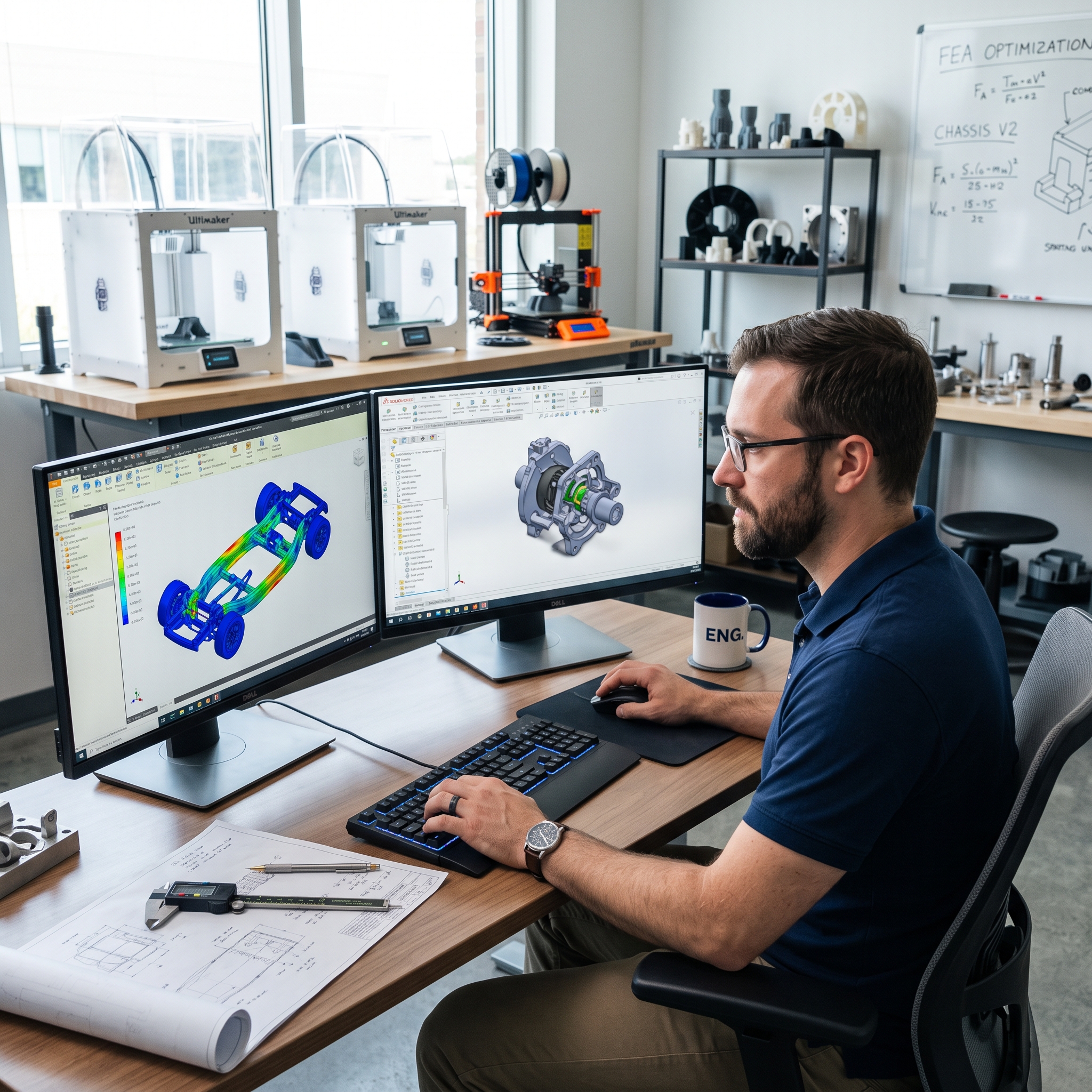 Alfa Prototip mühendislik ofisi — CAD modelleme ve FEM analiz ekranları, arka planda 3D yazıcılar
