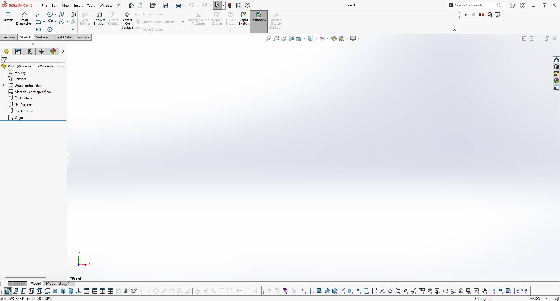 SolidWorks parça modelleme arayüzü